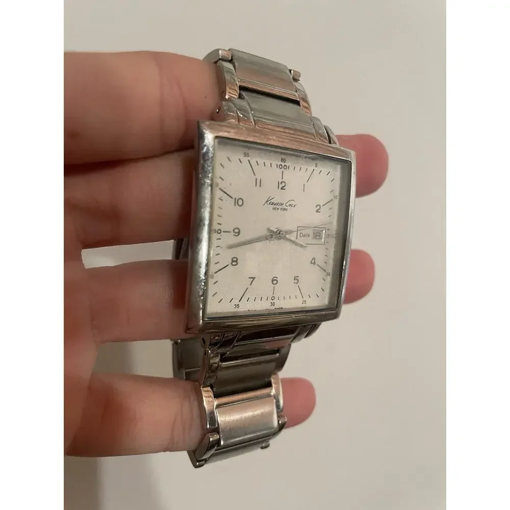 Kenneth Cole Men's Square Shape Silver Black Strap Dress Watch-‎ Needs New Batte
